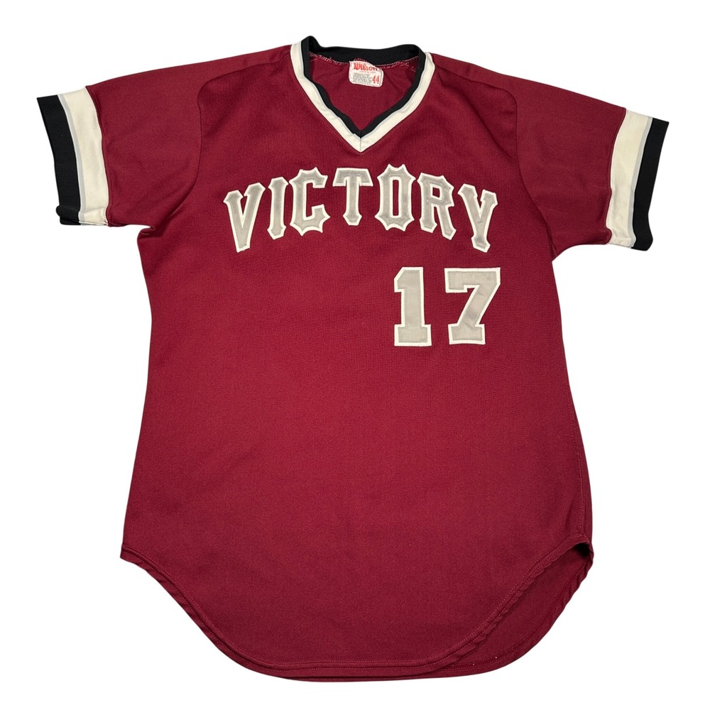 Vintage 70s Wilson Baseball Jersey Maroon Victory 17 Mens 44 Made in USA V-Neck